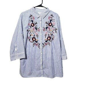 Croft & Barrow Blouse Sz 2X Button Up Floral Embroidered Stripes Business Casual